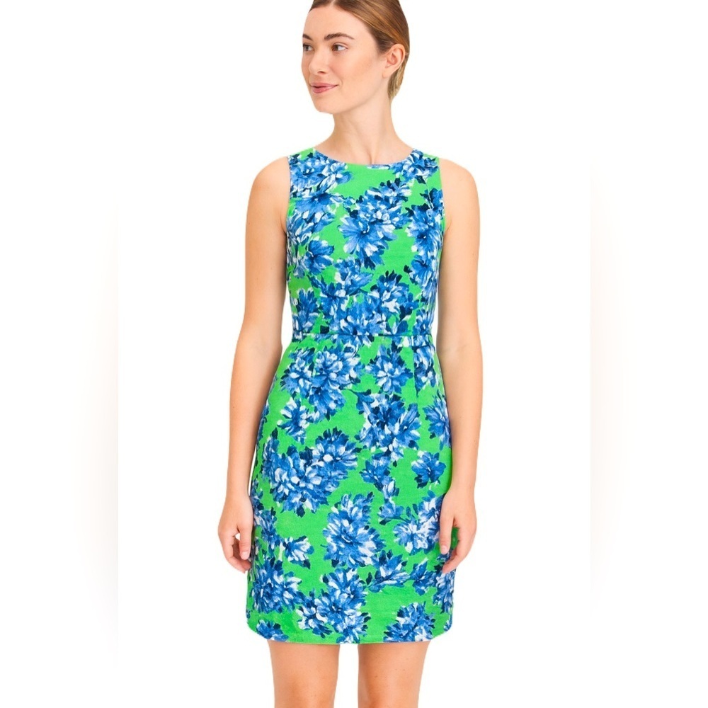 J.Crew Size 00 Floral Sheath Dress Green Blue Cotton Sleeveless Knee Length EUC